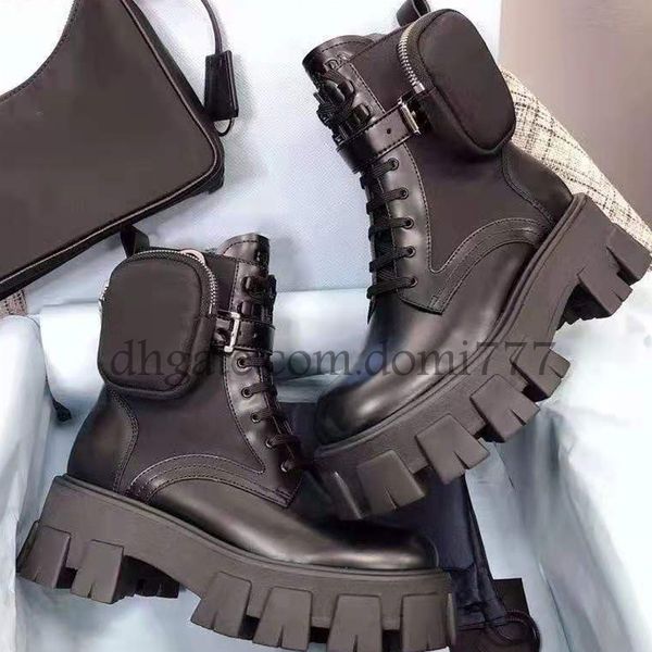 Modische Damen-Designer-Stiefel mit Handtaschen-Taschen-Verband, dicken Sohlen, coole Martin-Stiefel, Schwarz, EU35–42