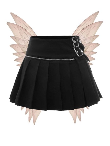 

eyelet detail buckled side pleated skirt m3km#, Black