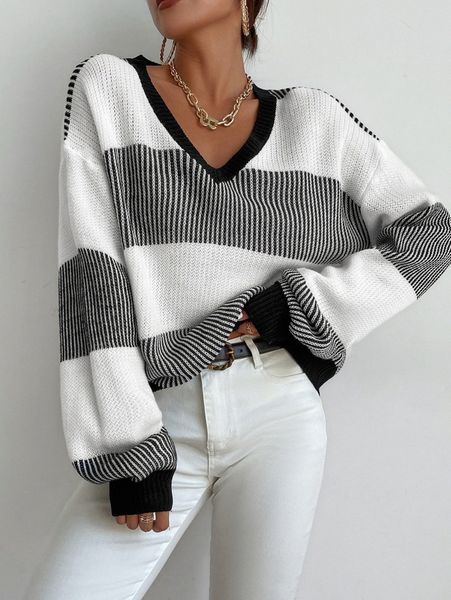 

v-neck drop shoulder lantern sleeve striped colorblock sweater m7wo#, White;black