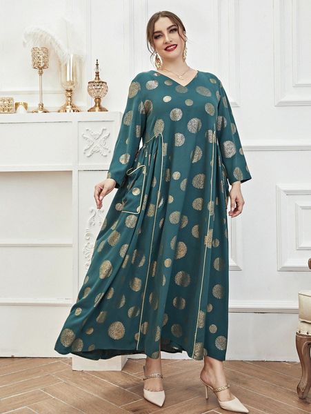 

plus gold print contrast piping maxi dress g77u#, Black