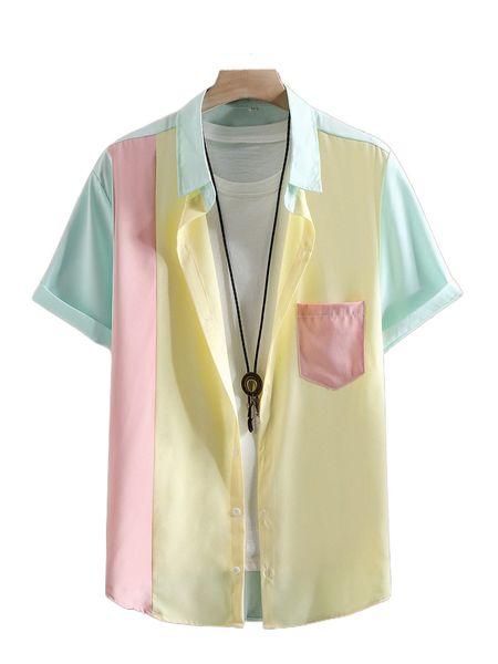 

men color block patched pocket shirt without tee j127#, White;black