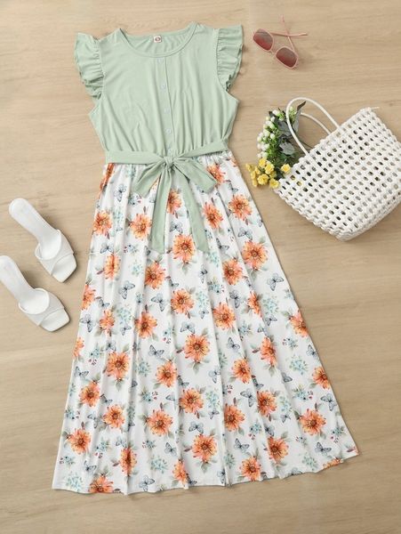 

1pc floral print ruffle trim belted dress n8vp#, Black;gray