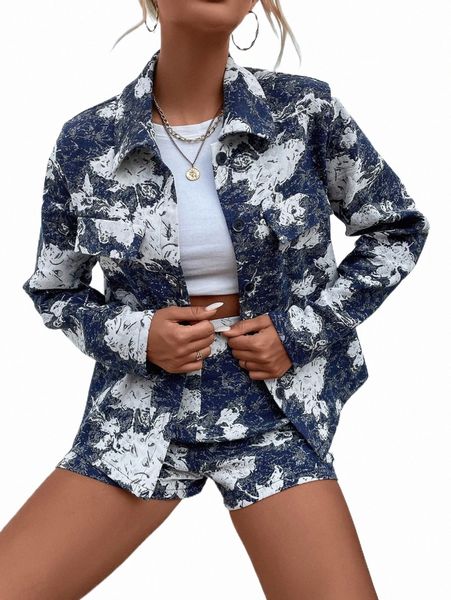 

all over print button front jacket & shorts 28wi#, White