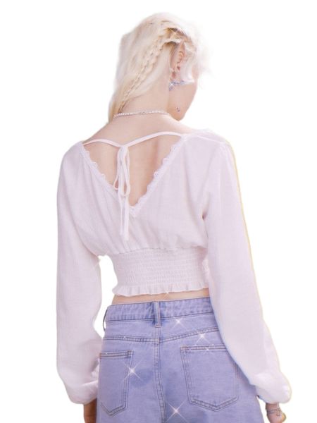 

romwe contrast lace tie back shirred blouse 93p2#, White