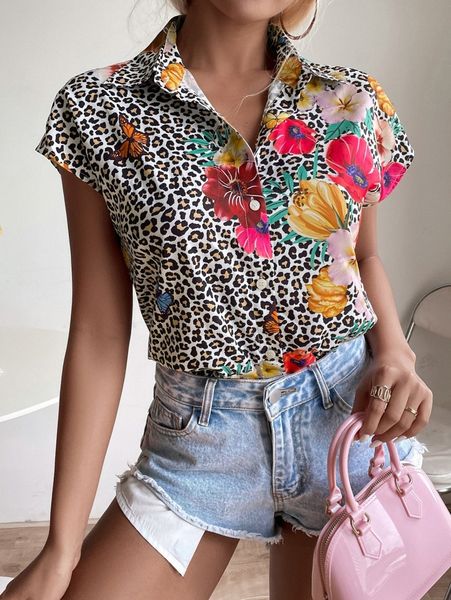

leopard & floral print batwing sleeve shirt g664#, White