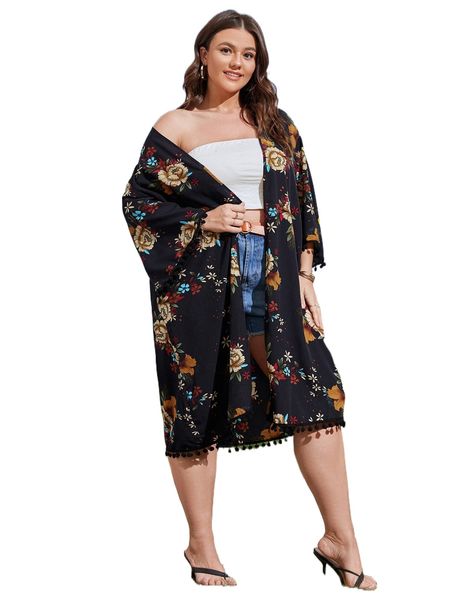 

plus floral print pompom trim drop shoulder kimono t5bf#, Black;gray