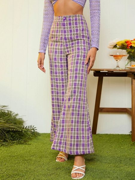 

high waist tartan flare leg pants f2zu#, Black;white