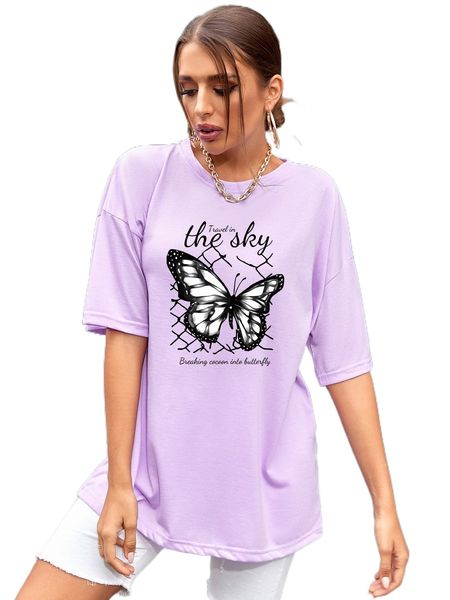 

butterfly & slogan graphic oversized tee j1tl#, White