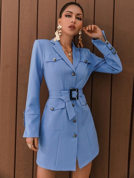 

glamaker button front belted blazer dress a5o5#, White