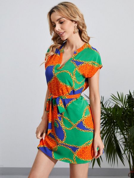 

leopard & chain print belted dress c7nx#, Black;gray