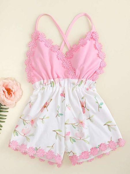 

toddler girls floral lace trim cami romper she, Blue