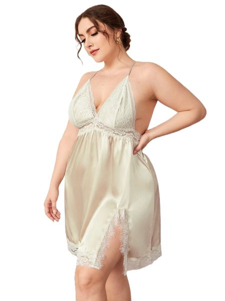 

plus contrast lace crisscross back slit hem satin nightdress 61wu#, Black;white