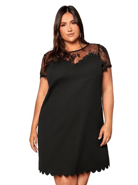 

plus scallop trim lace yoke dress h3ek#, Black