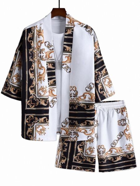 

men baroque print kimono with shorts without tee 96ok#, Gray
