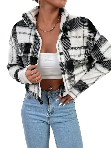 

plaid drop shoulder flap detail jacket v1gi#, Black;brown