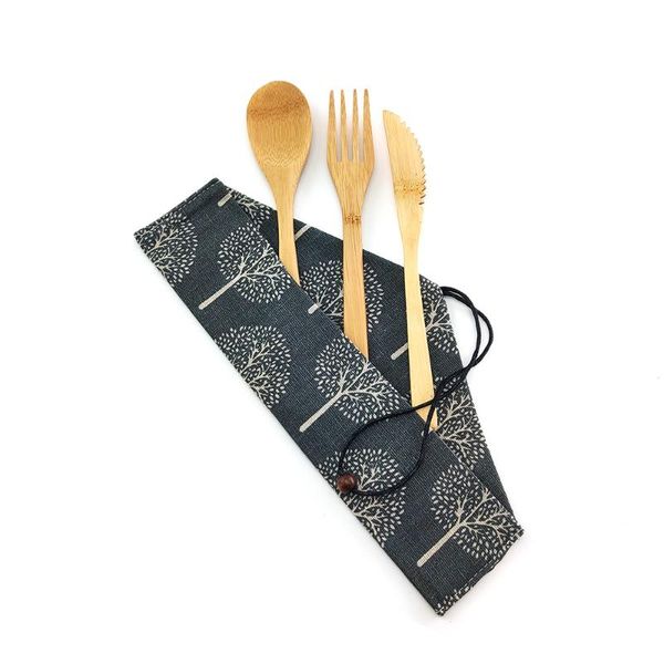 Yemek takımı setleri Bambu Taşınabilir Yeniden Kullanılabilir Kesikler Naylon Diş Fırçası Kılıfı Seyahat Teslim Seti Kamp Çatalı Kaşık Bıçağı Setdinnerware Dinne