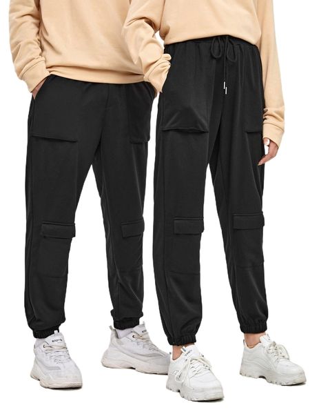 

1pc flap pocket drawstring waist pants o63l#, Black