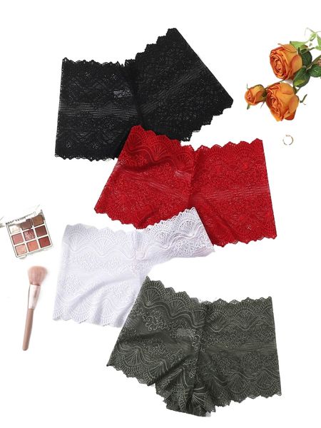 

4pack floral lace sheer panty set b4wf#, Black;red