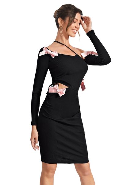 

x trang duong bow front asymmetrical neck cut out bodycon dress c6sp#, Black;gray