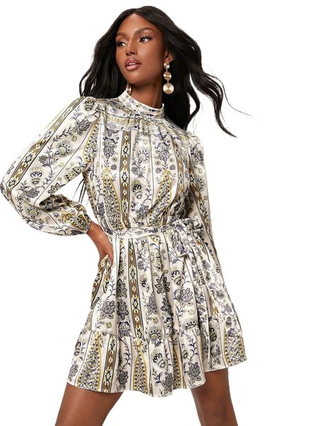 

floral print lantern sleeve ruffle hem belted dress o85x#, Black;gray