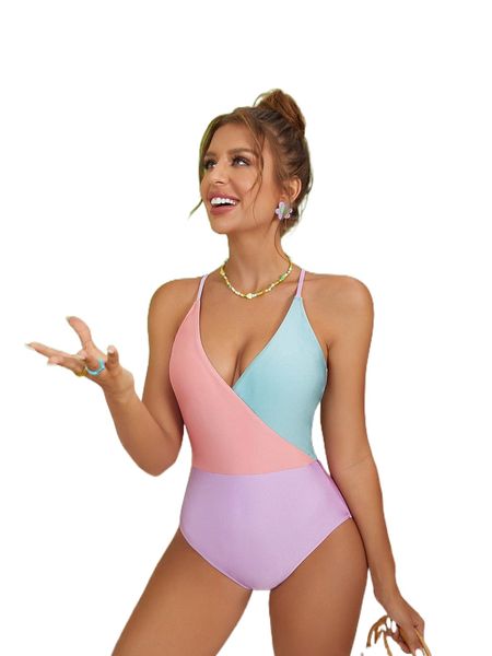 

colorblock crisscross backless one piece swimsuit v0yv#, White;black