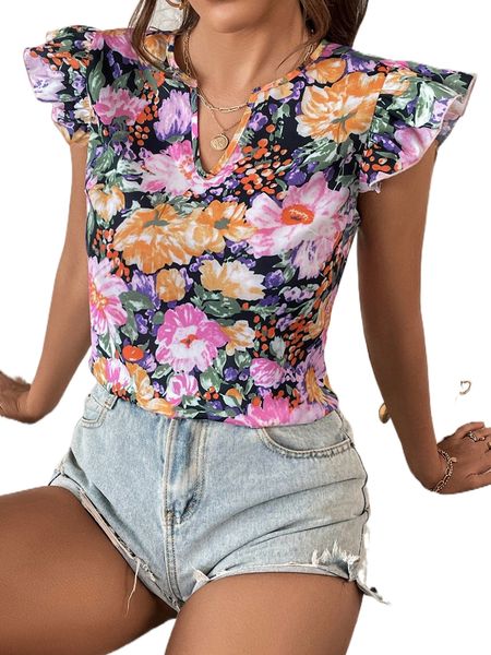 

allover floral print butterfly sleeve blouse 446p#, White