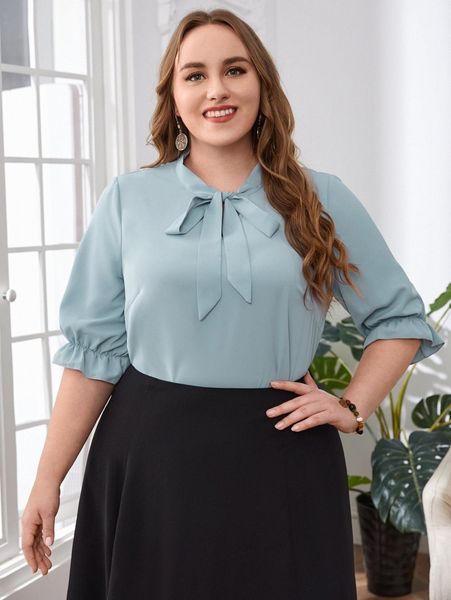 

emery rose plus tie neck flounce cuff blouse m4hs#, Black