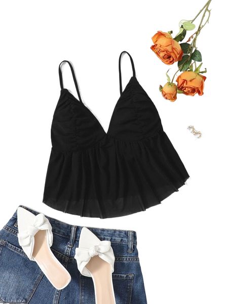 

contrast mesh ruched cami p09u#, White