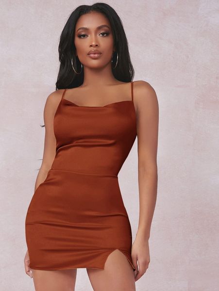 

sxy split detail satin cami bodycon dress j05f#, Black;gray