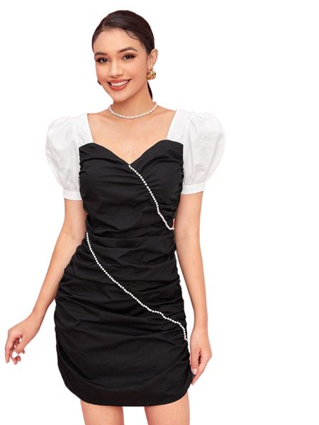 

x meng fei lin contrast puff sleeve pearls beaded ruched dress d11z#, Black;gray