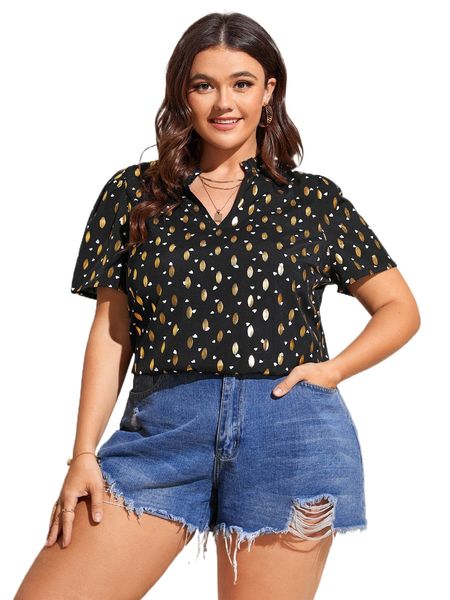 

plus gold dot & confetti heart print puff sleeve notched neck blouse l5lx#, Black