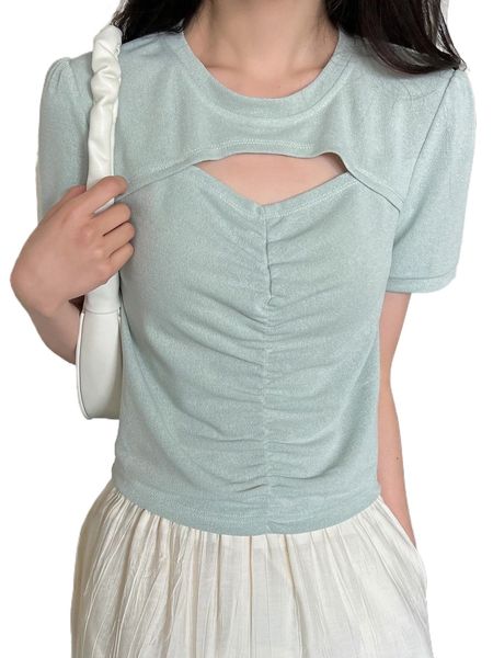 

dazy cut out ruched puff sleeve tee z2eu#, White