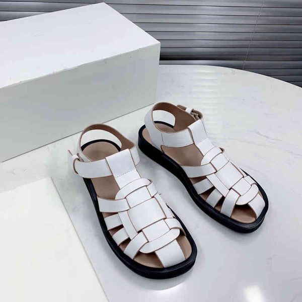 

sandals summer women's shoes leather breathable hollow woven one-line buckle fashion sandals flat bottomed roman trend, Black