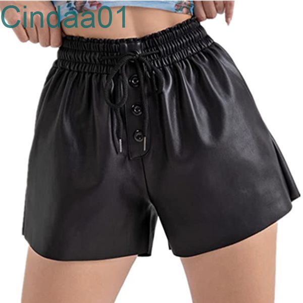 

2022 new womens leather shorts casual loose drawstring pu elastic pants with pocket for four seasons, Black;white