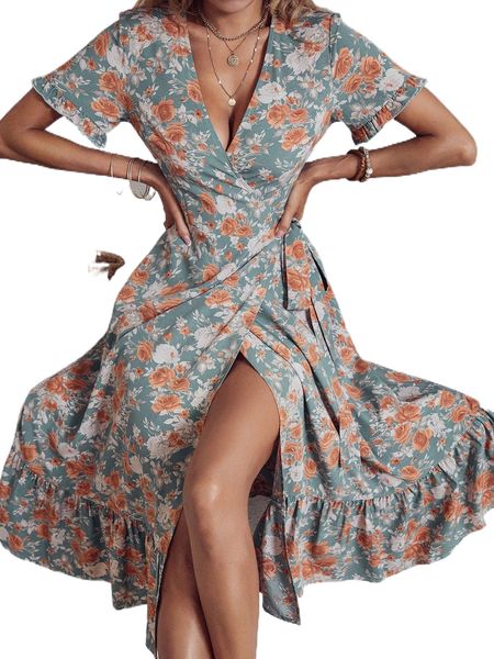 

floral print ruffle hem knot side wrap dress p8r3#, Black;gray