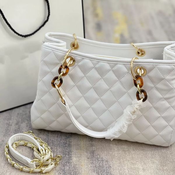 

classic beach series tote caviar black white plaid quilted buckle handle metal leather chain travel shopping bag french designer luxury hand