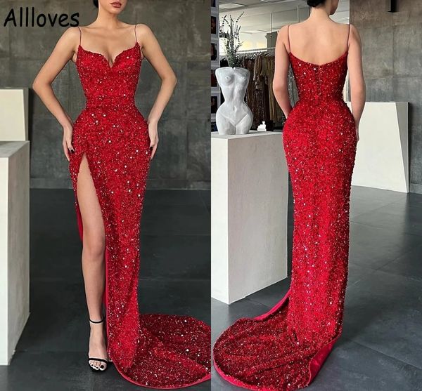 Atemberaubende rote glitzernde Ballkleider mit Pailletten und Spaghettiträgern für Damen, Party-Abendkleider, sexy, offener Rücken, Seitenschlitz, Festzug, formelle Anlässe CL0842