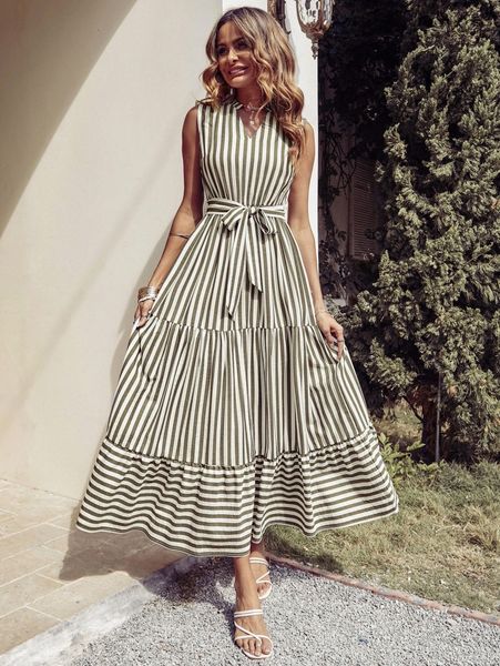 

striped notched neck ruffle hem belted dress w3iu#, Black;gray