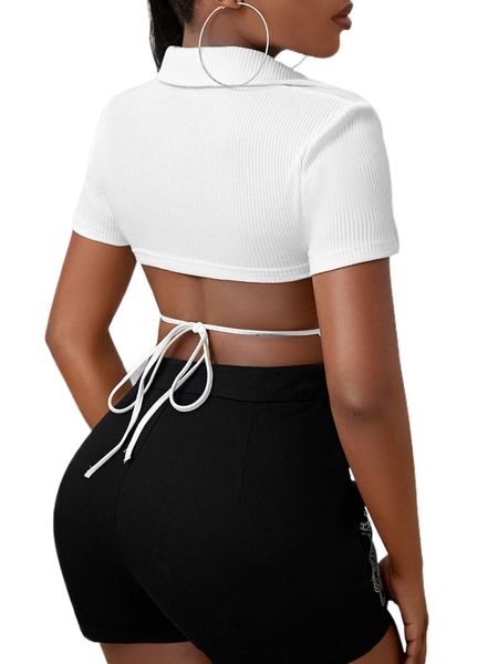 

sxy tie back rib-knit crop tee j387#, White
