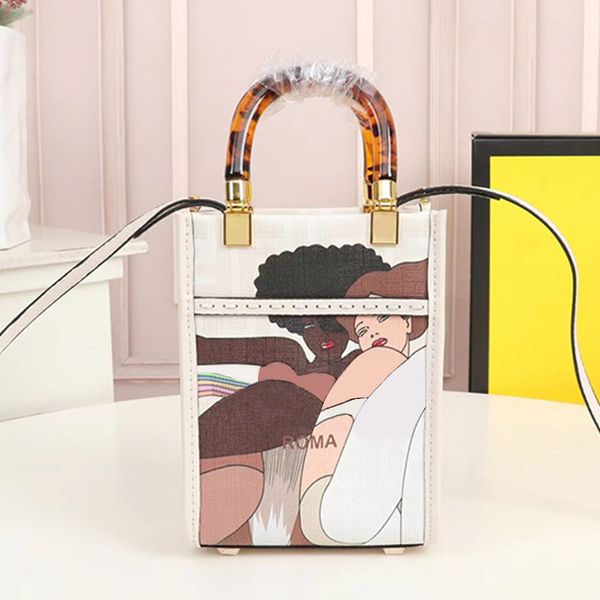 

bikini girl abstract painting crossbody bag women sunshine handbags fabric detachable thin strap tortoiseshell plexiglass handle mini small