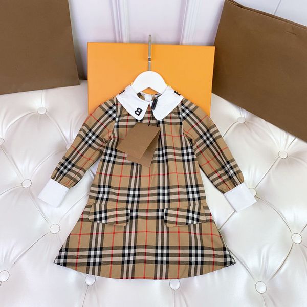 

girls designer dress baby clothes girl dresses long sleeve classic plaid with letters casual dress lapel cotton birthday present 100-160, Red;yellow