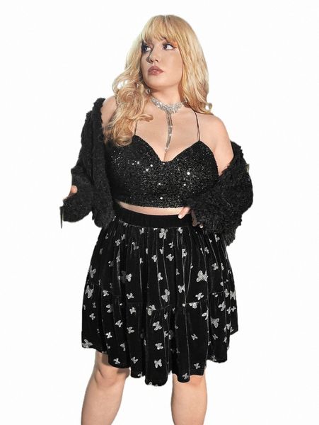 

plus butterfly print ruffle hem velvet skirt 81wn#, Black