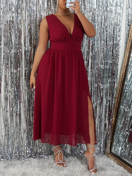 

plus deep v neck split thigh dress x8wq#, Black