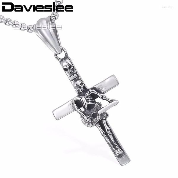 Davieslee Collana con pendente a croce con teschio per chitarra a catena gotica da uomo Collana con ciondolo a forma di croce in acciaio inossidabile 316L Colore argento LHP549 Catene Morr22