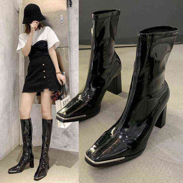 HBP outono e inverno novas mulheres botas de metal de metal elástico fino couro patenteado preto de salto grosso de salto grosso sapatos de mulher curta 220525