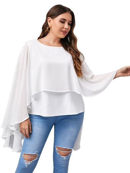 

plus solid high low cloak sleeve blouse 60ee#, Black