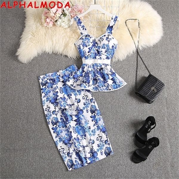 ALPHALMODA Süßes Tank-Top mit geradem Rock für Damen, 2-teiliger Anzug mit Rüschen, bedruckte Blusen, Outfit, knielanges Rock-Set 220725