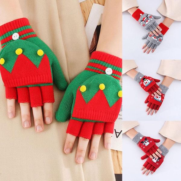 Fünf Finger Handschuhe Santa Claus Muster Frauen Herbst Winter Weiche Halbe Finger Fäustlinge Gestrickte Flip Top Dicke Warme Fingerlose