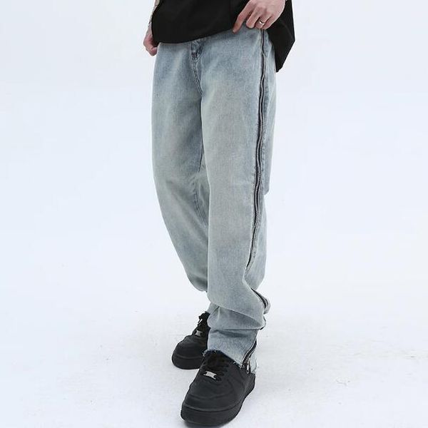 

zipper washed mens denim trousers straight casual hip hop loose jeans pants, Blue