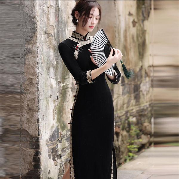 Ethnische Kleidung Samt Cheongsam 2022 Herbst Junger Retro Chinesischer Stil Schwarz Verbessertes Qipao Elegantes AlltagskleidEthnisch